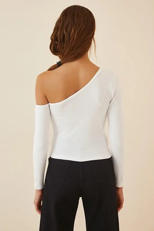 Woman White Off Shoulder Rib Knit Blouse TG00011-White - 3