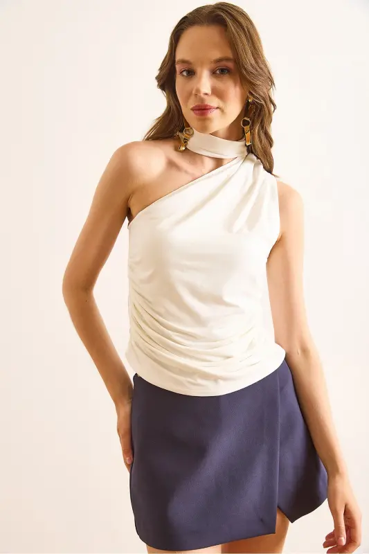 Woman White One Shoulder Accessory Belted Sandy Blouse BLZ-19002917-White - 3