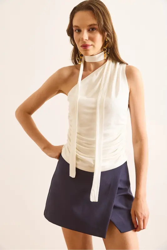 Woman White One Shoulder Accessory Belted Sandy Blouse BLZ-19002917-White - 6