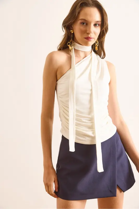 Woman White One Shoulder Accessory Belted Sandy Blouse BLZ-19002917-White - 7