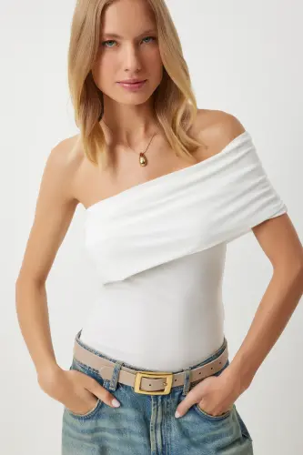 Woman White One Shoulder Ruched Knitted Blouse DZ00112-White 
