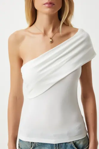 Woman White One Shoulder Ruched Knitted Blouse DZ00112-White - 3