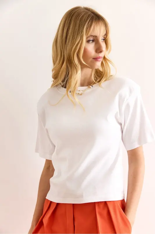 Woman White Padded Interlock Lycra Cotton T-shirt - 3