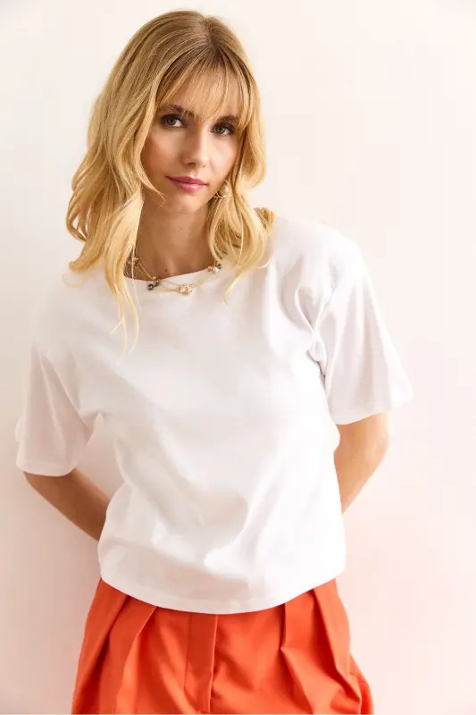 Woman White Padded Interlock Lycra Cotton T-shirt - 4