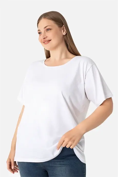 Woman White Plus Size Crew Neck Cotton Lycra Stretch Short Sleeve T-Shirt - 1
