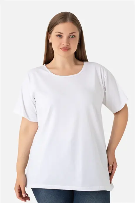 Woman White Plus Size Crew Neck Cotton Lycra Stretch Short Sleeve T-Shirt - 4