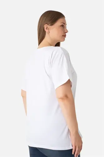 Woman White Plus Size Crew Neck Cotton Lycra Stretch Short Sleeve T-Shirt - 5