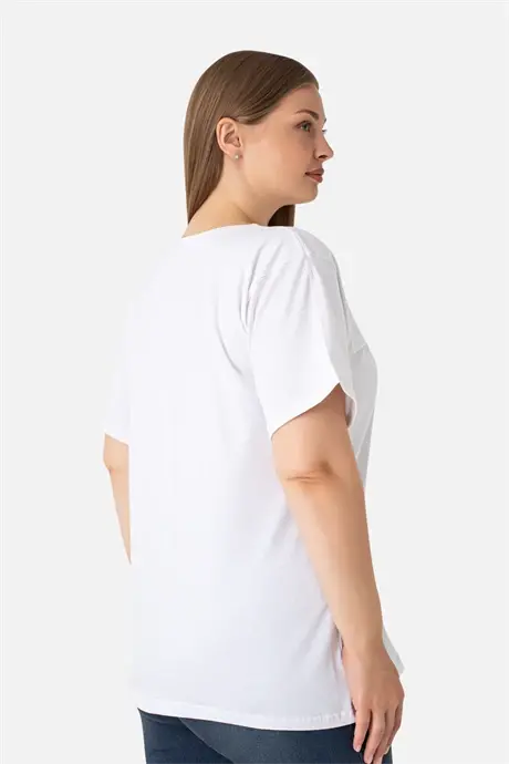 Woman White Plus Size Crew Neck Cotton Lycra Stretch Short Sleeve T-Shirt - 5