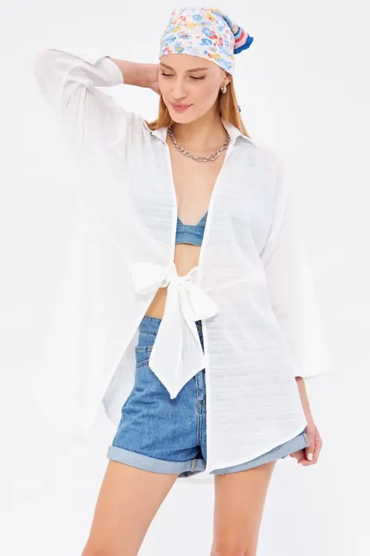 Woman White Self-Striped Front Tie Kimono Shirt ARM-24Y001101-White - ARMONIKA