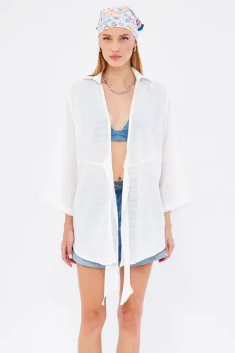 Woman White Self-Striped Front Tie Kimono Shirt ARM-24Y001101-White - 3