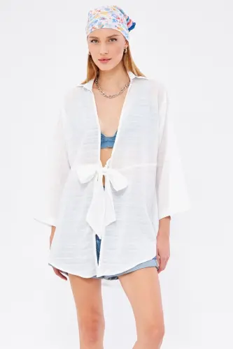 Woman White Self-Striped Front Tie Kimono Shirt ARM-24Y001101-White - 4