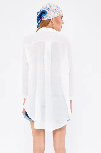 Woman White Self-Striped Front Tie Kimono Shirt ARM-24Y001101-White - 6