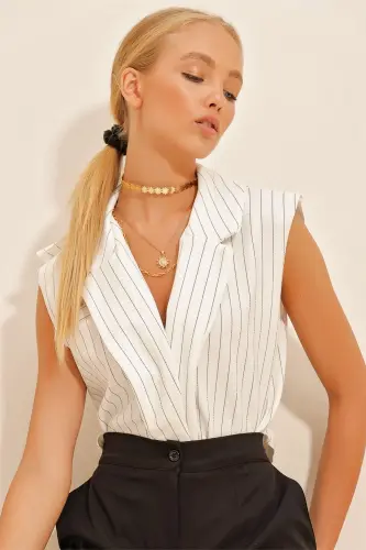 Woman White Shirt Collar Fillet Striped Blouse ALC-X10724-White 