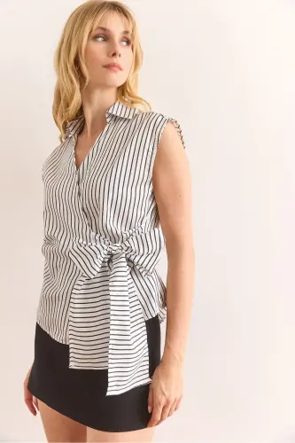 Woman White Shirt Collar Side Tie Striped P - 1