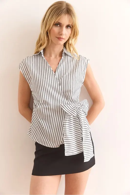 Woman White Shirt Collar Side Tie Striped P - 2