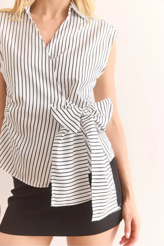 Woman White Shirt Collar Side Tie Striped P - 3