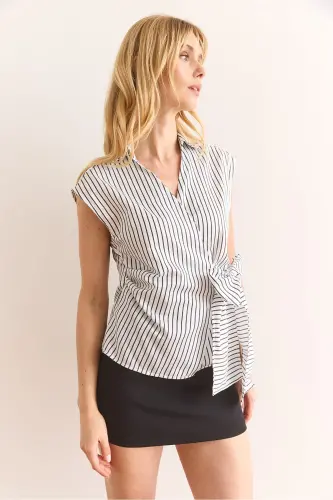 Woman White Shirt Collar Side Tie Striped P - 4