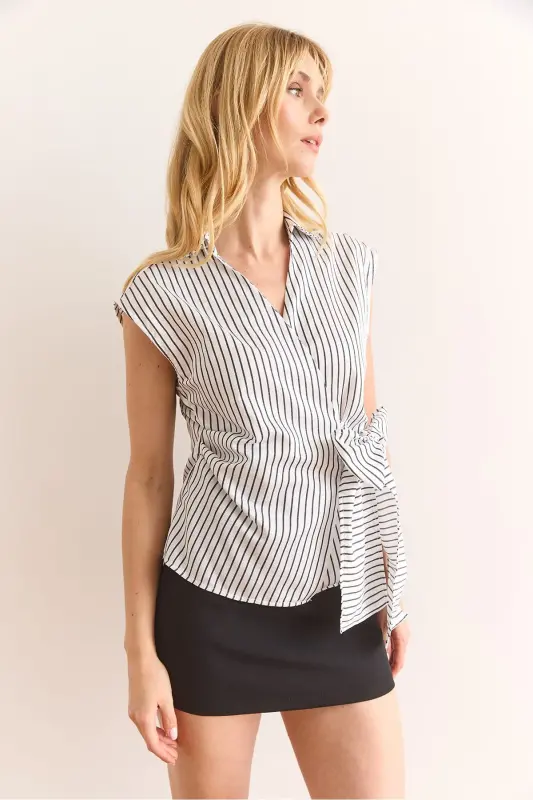 Woman White Shirt Collar Side Tie Striped P - 4