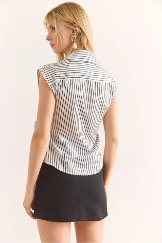 Woman White Shirt Collar Side Tie Striped P - 5