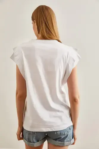 Woman White Sleeve Detailed Cotton T-Shirt TSH-19000819- - OLALOOK (1)