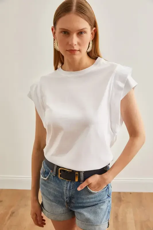 Woman White Sleeve Detailed Cotton T-Shirt TSH-19000819- - 3