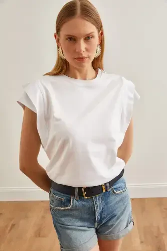 Woman White Sleeve Detailed Cotton T-Shirt TSH-19000819- - 4