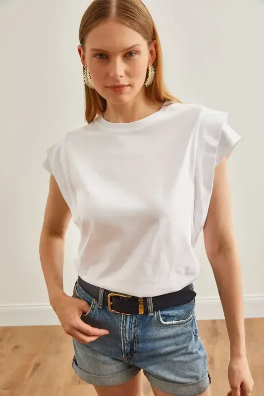 Woman White Sleeve Detailed Cotton T-Shirt TSH-19000819- - 5