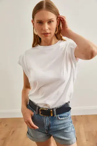 Woman White Sleeve Detailed Cotton T-Shirt TSH-19000819- - 6