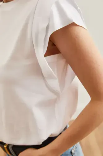 Woman White Sleeve Detailed Cotton T-Shirt TSH-19000819- - 7