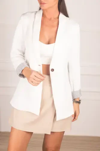Woman White Sleeve Lined Single Buttoned Jacket Arm- - 1
