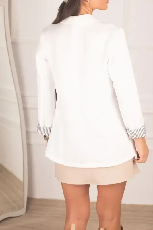 Woman White Sleeve Lined Single Buttoned Jacket Arm- - 4