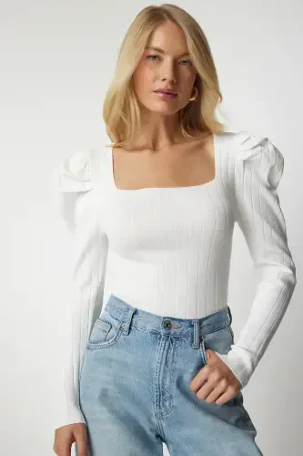 Woman White Square Neck Ribbed Knit Blouse YY00159-White - 1