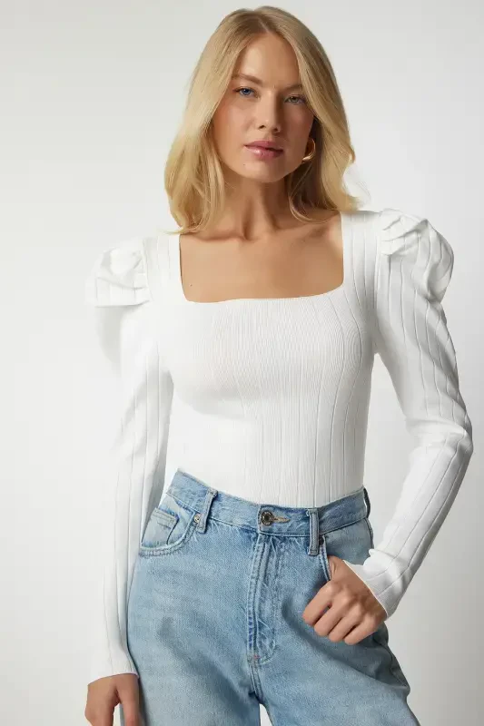 Woman White Square Neck Ribbed Knit Blouse YY00159-White - 1