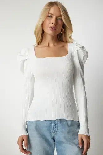 Woman White Square Neck Ribbed Knit Blouse YY00159-White - 3