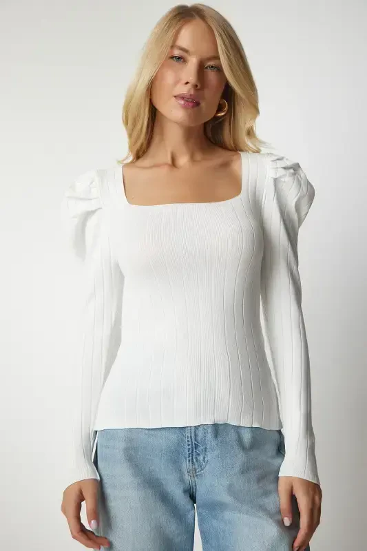 Woman White Square Neck Ribbed Knit Blouse YY00159-White - 3