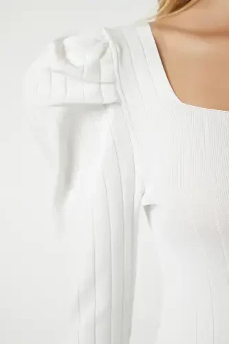Woman White Square Neck Ribbed Knit Blouse YY00159-White - 4