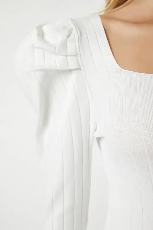 Woman White Square Neck Ribbed Knit Blouse YY00159-White - 4