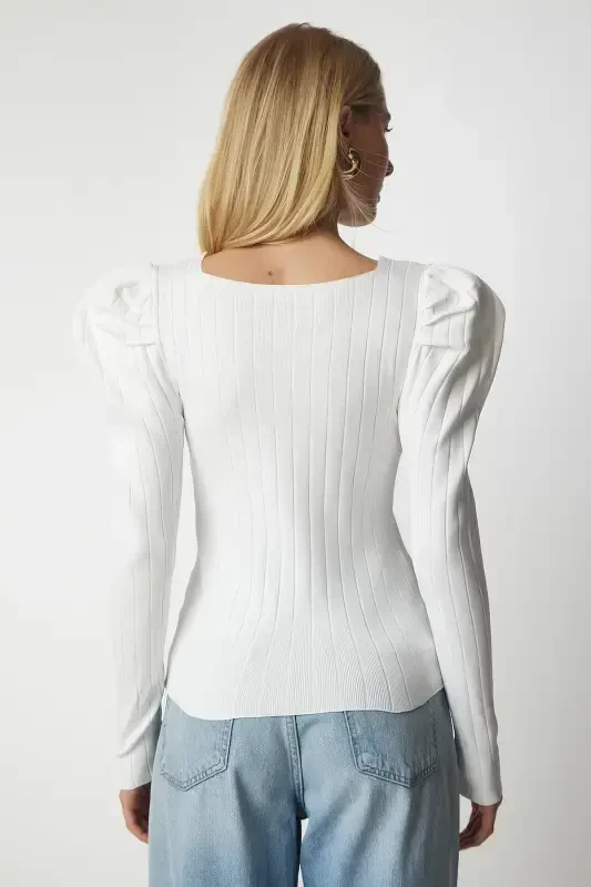 Woman White Square Neck Ribbed Knit Blouse YY00159-White - 5