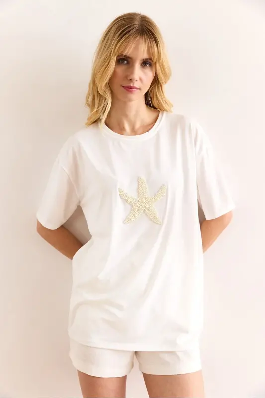 Woman White Starfish Beaded Regular Fit Cotton - 3