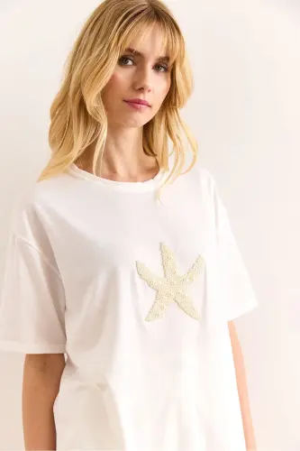 Woman White Starfish Beaded Regular Fit Cotton - 4