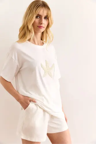 Woman White Starfish Beaded Regular Fit Cotton - 5