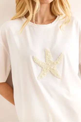 Woman White Starfish Beaded Regular Fit Cotton - 6