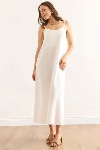 Woman White Strap Adjustable Dress Double Layer Linen - 1