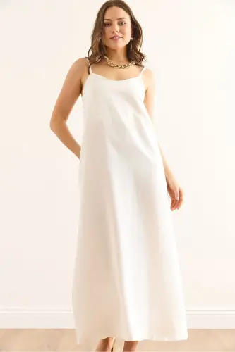 Woman White Strap Adjustable Dress Double Layer Linen - 5