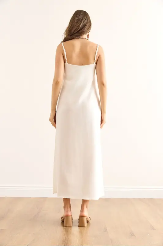 Woman White Strap Adjustable Dress Double Layer Linen - 6