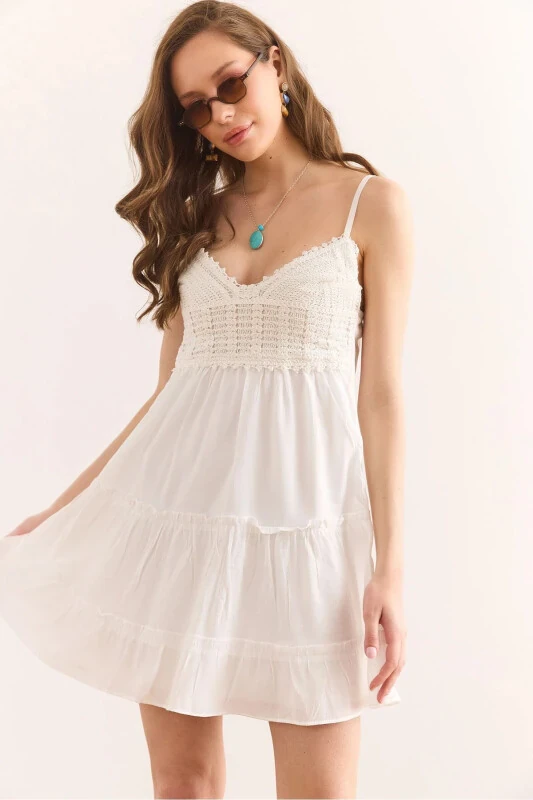 Woman White Strap Adjustable Lined Mini Dress - 1