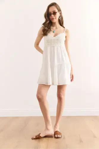 Woman White Strap Adjustable Lined Mini Dress - OLALOOK (1)