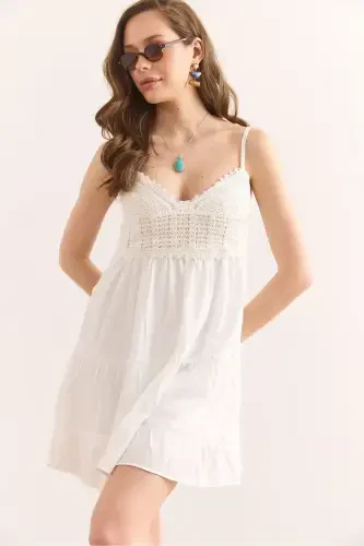 Woman White Strap Adjustable Lined Mini Dress - 3