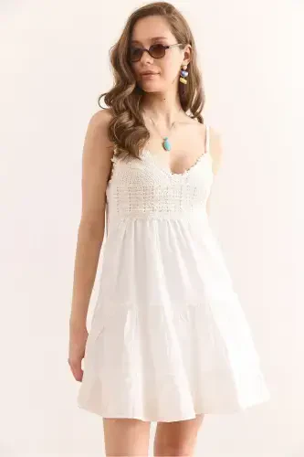 Woman White Strap Adjustable Lined Mini Dress - 4