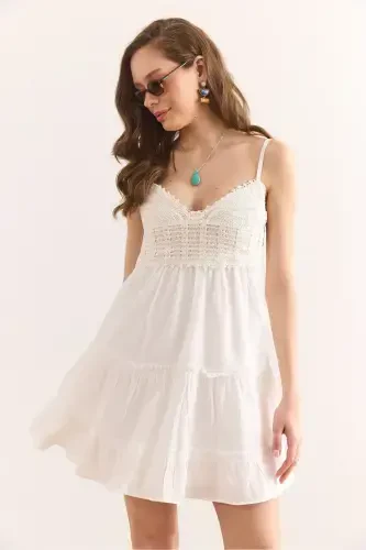 Woman White Strap Adjustable Lined Mini Dress - 5